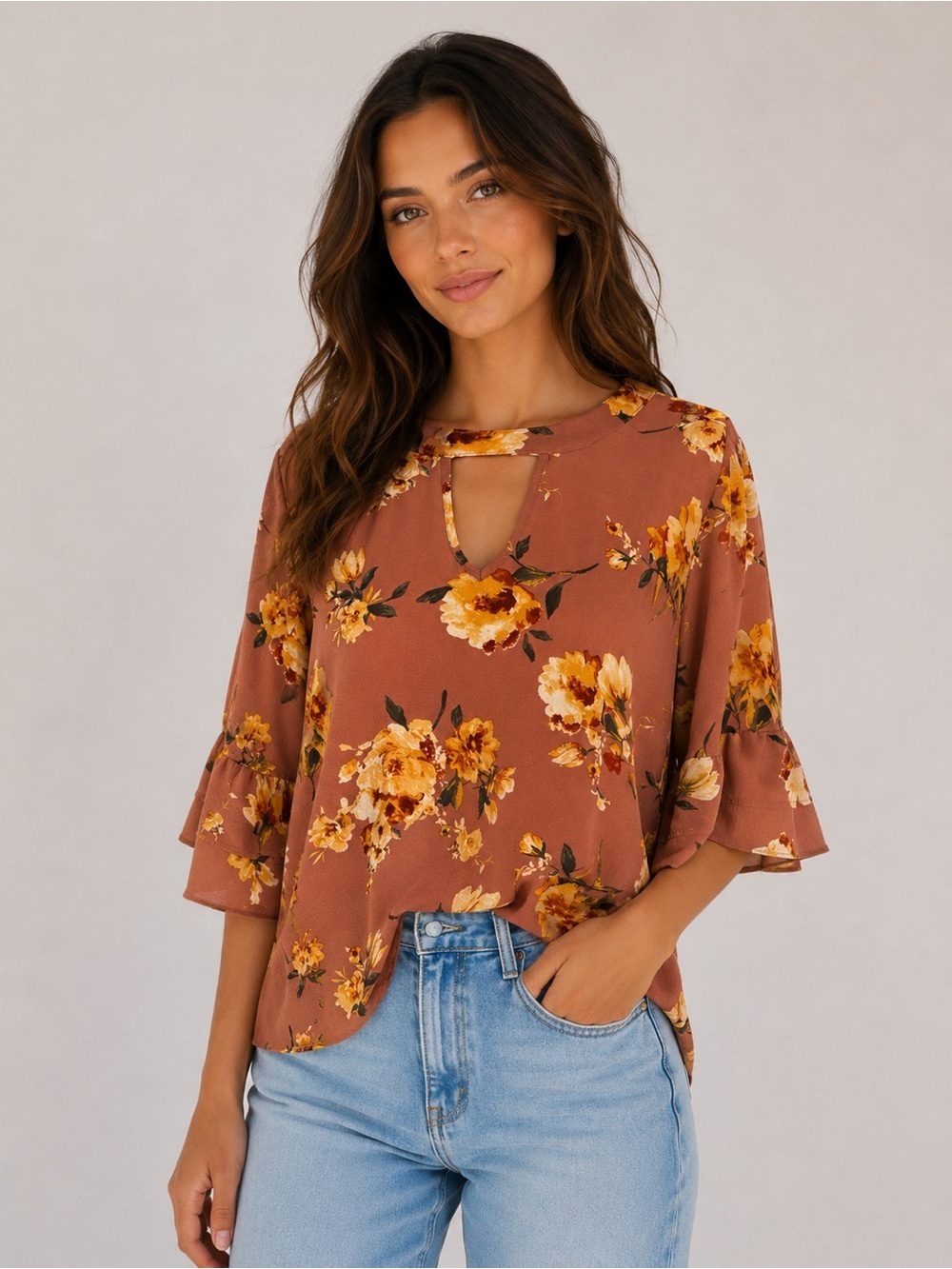 Urban Romantics Ruffle Sleeve Floral Keyhole Blouse Boho Cottagecore Size L